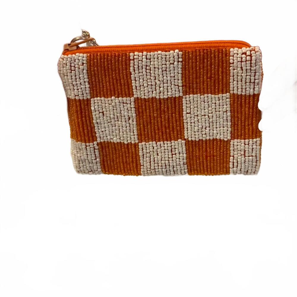 NEW TIANA ut checker board beaded small coin purse in orange/white